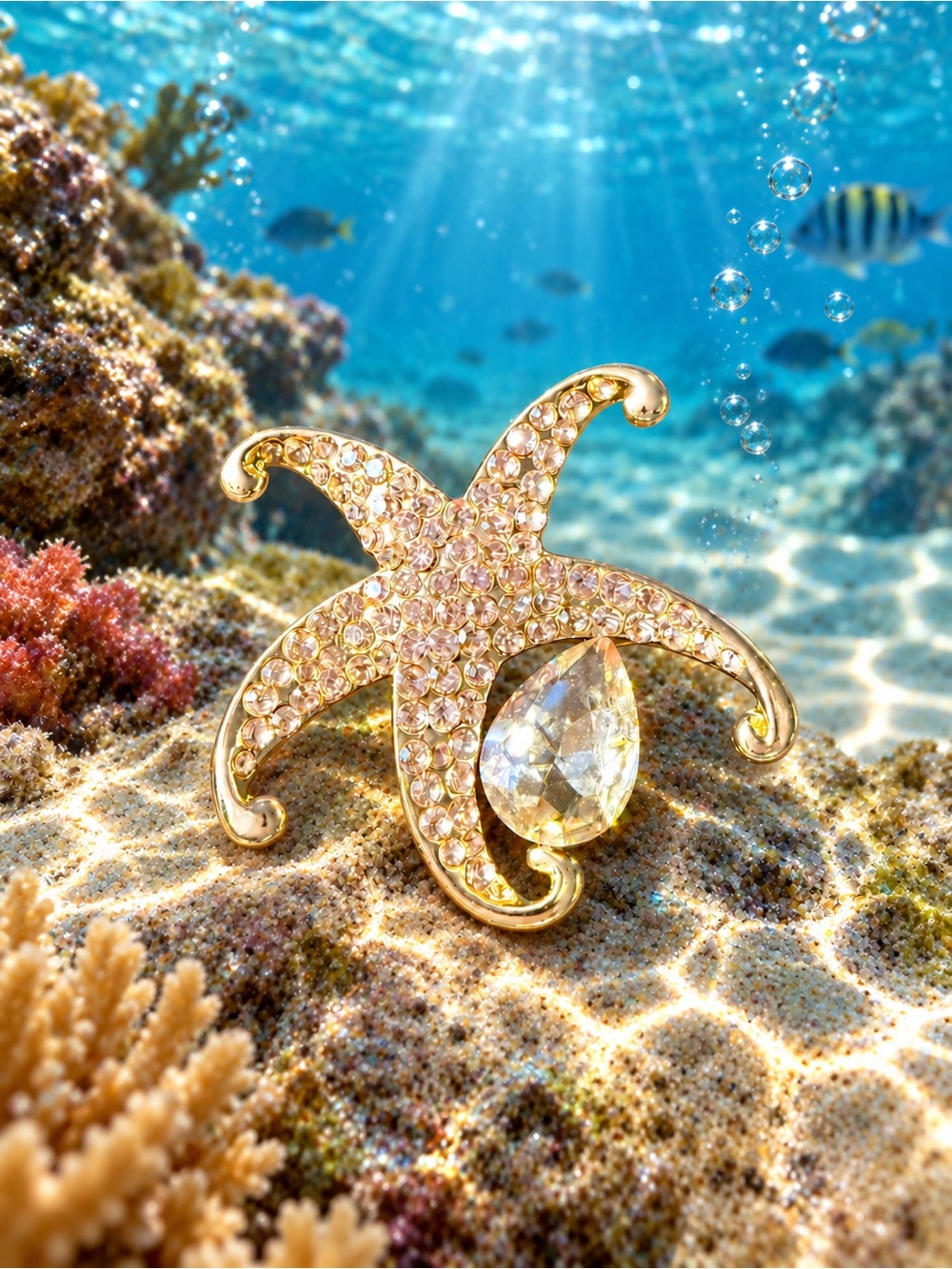 Gold Crystal Starfish Brooch